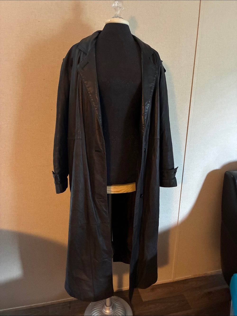 Avanti Black Leather Long Trench Coat